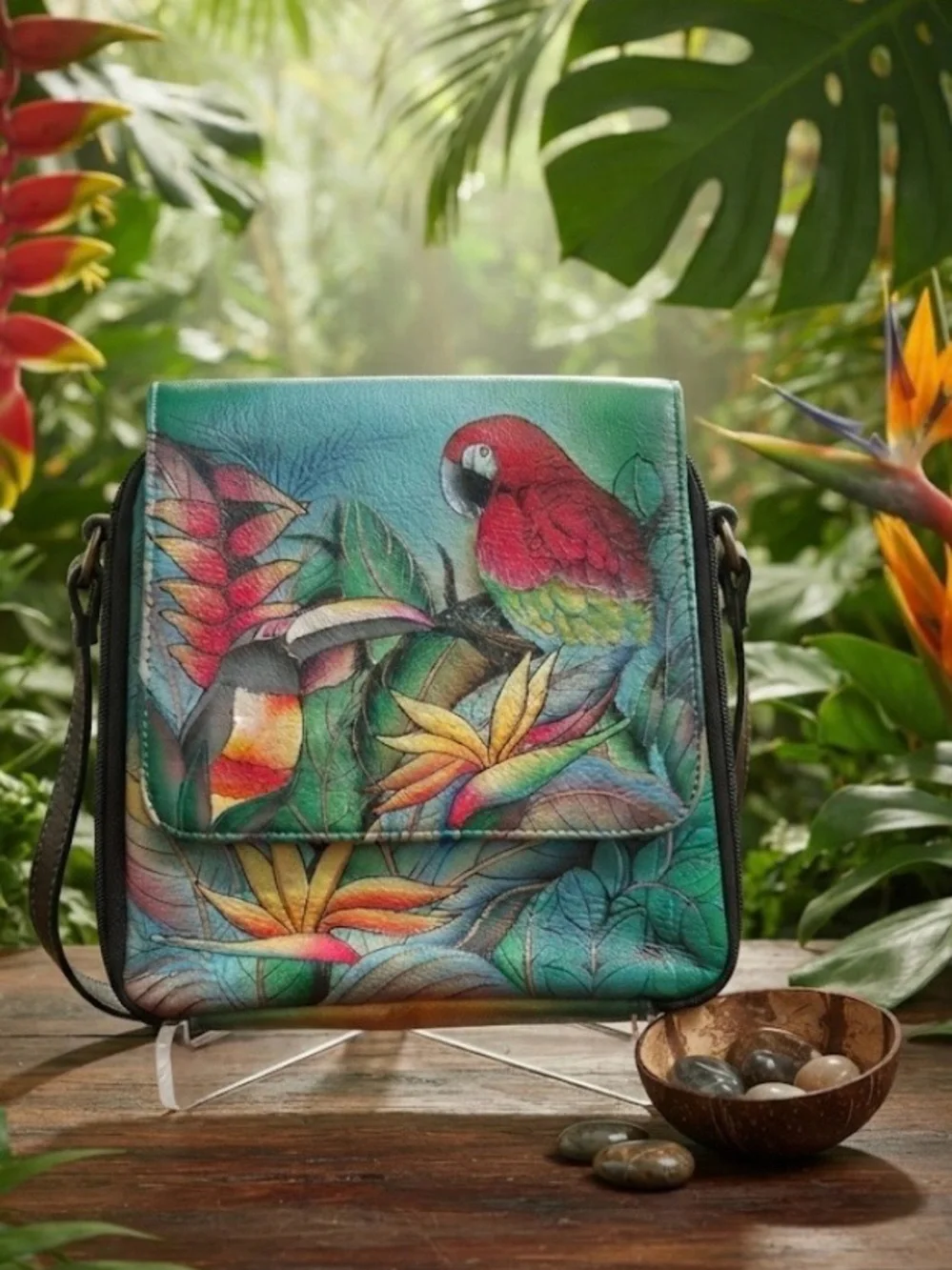 Hand-Painted Teal Crossbody Bag with Tropical Parrot Design